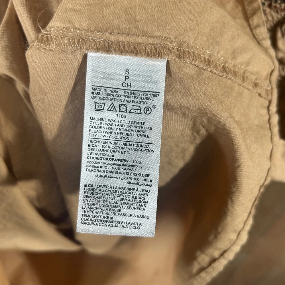 Old Navy Small Tan Smocked Peasant Top Embroidered Boho Cotton Blouse Brown